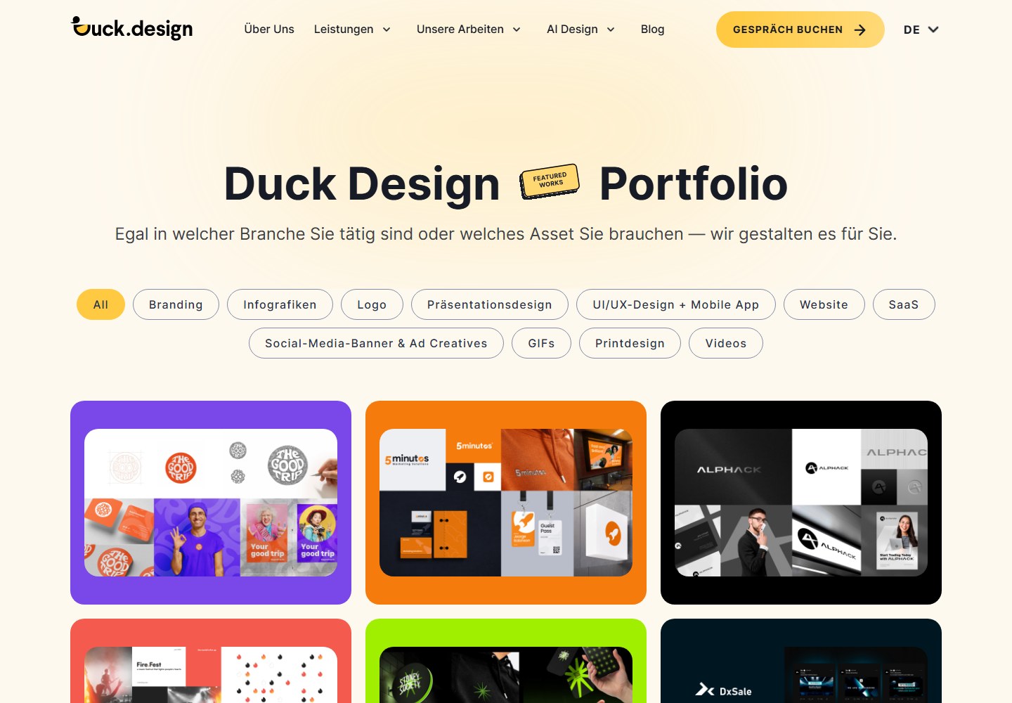Portfolio-Seite von Duck.Design mit Filtern nach Designleistungen