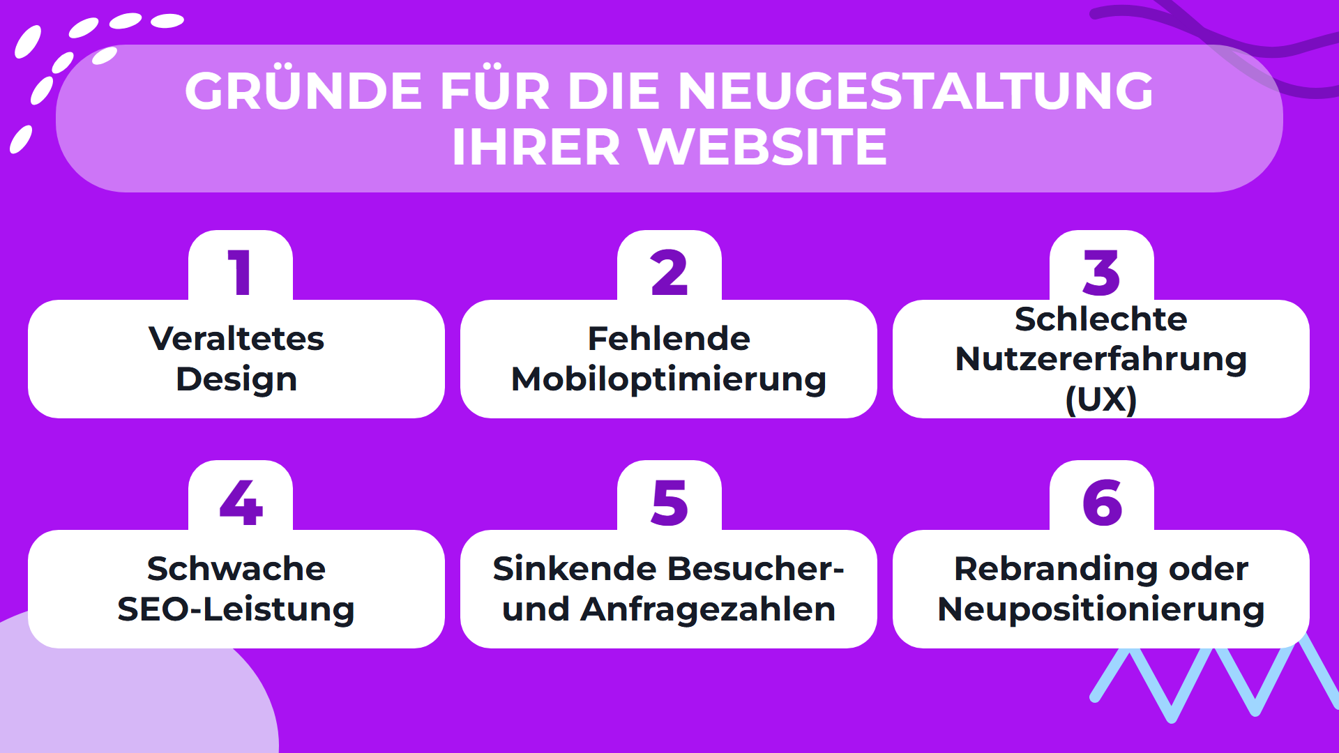 Infografik: sechs Gründe für die Neugestaltung einer Website, von veraltetem Design bis Rebranding