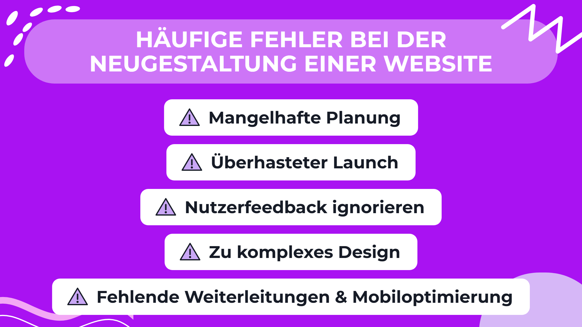Infografik: häufige Fehler bei der Neugestaltung einer Website, darunter mangelhafte Planung und fehlende Weiterleitungen